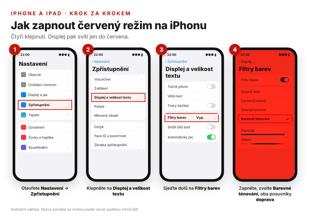 Postup: jak zapnout červený režim na iPhonu ve čtyřech krocích