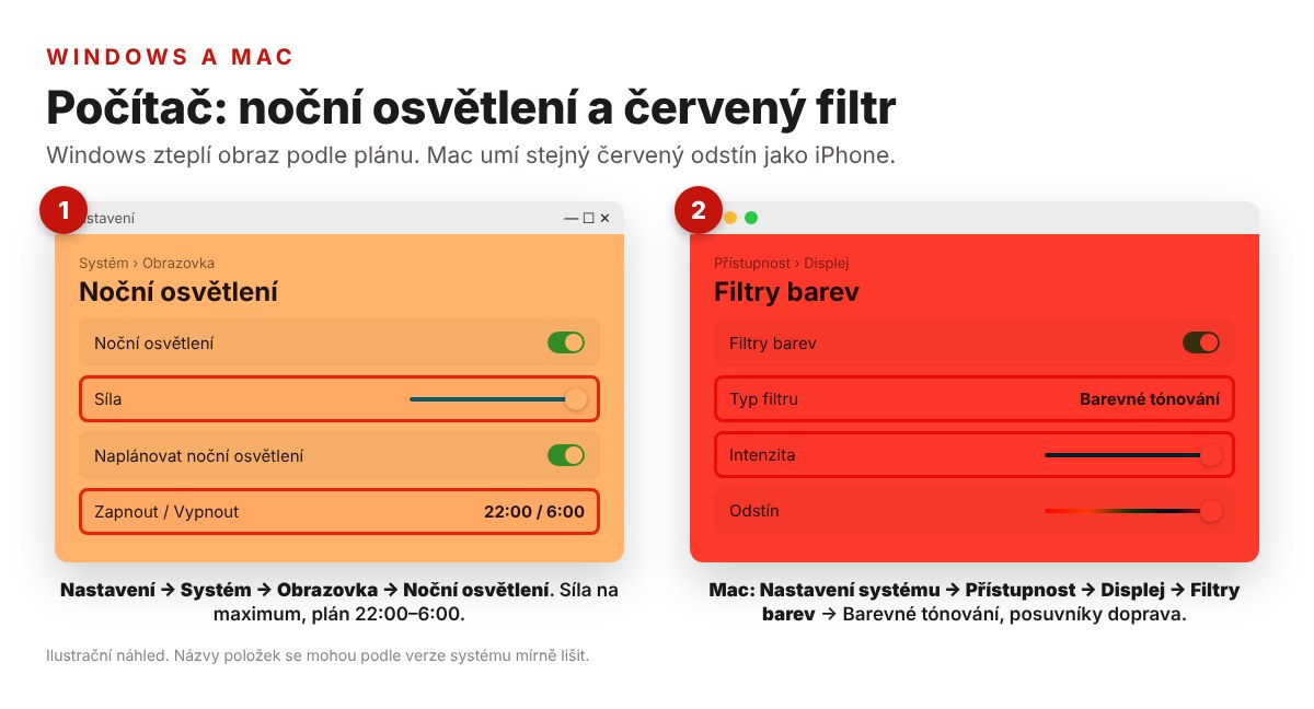 Noční osvětlení ve Windows a Filtry barev na Macu