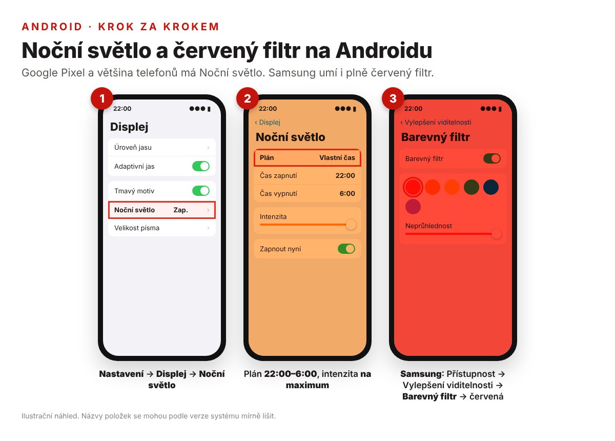 Postup: Noční světlo s plánem a červený barevný filtr na Androidu